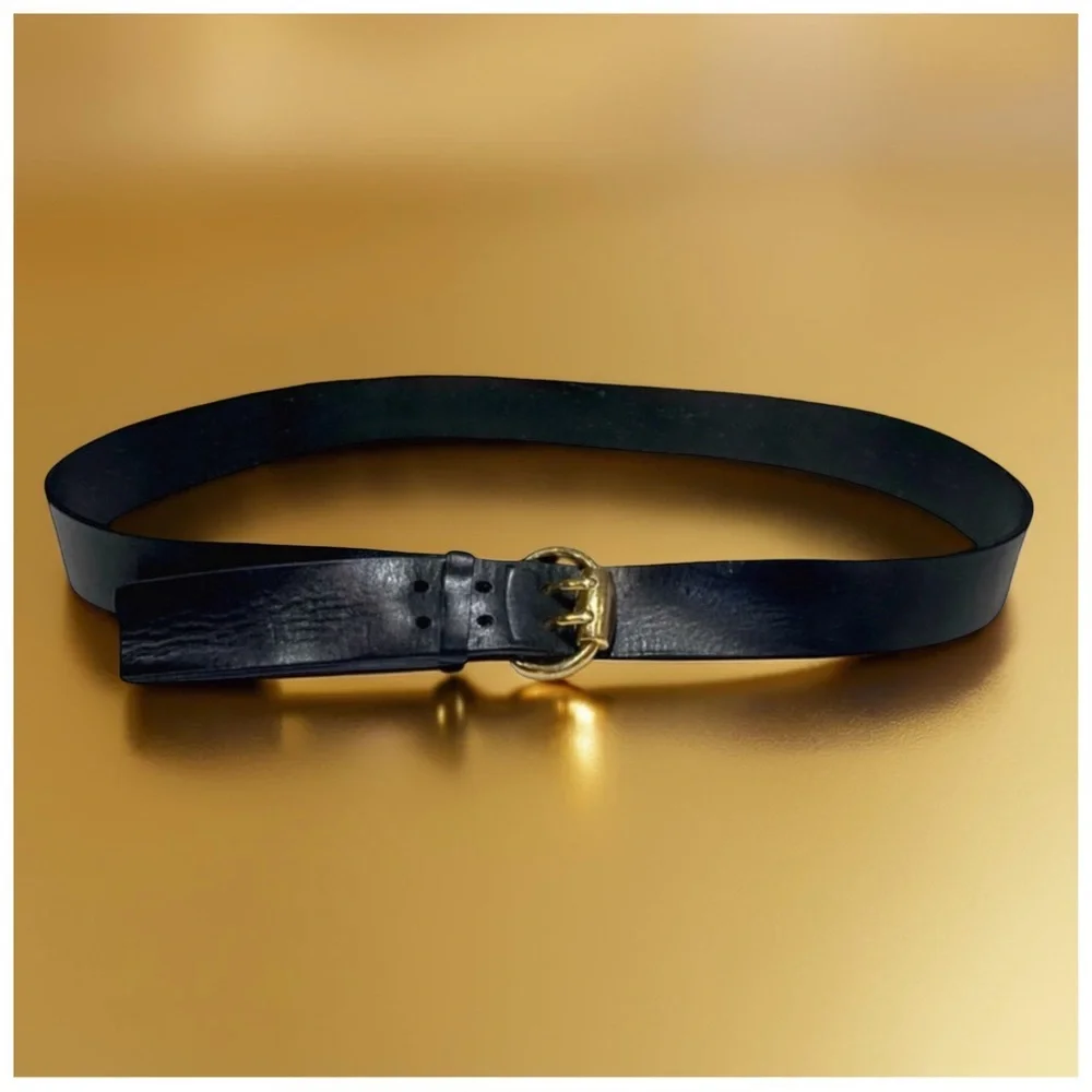 Bijan Men’s Black Leather Belt with Gold Buckle. 48”